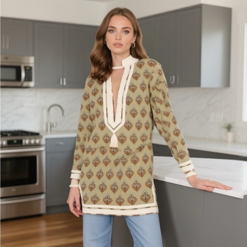 Tory burch printed tasselTunic printed beach coverup pave block xS